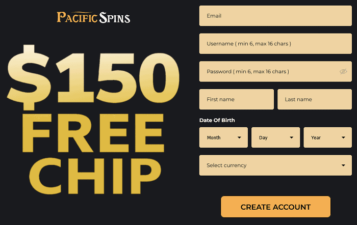 Pacific Spins $150 free chip no deposit bonus code